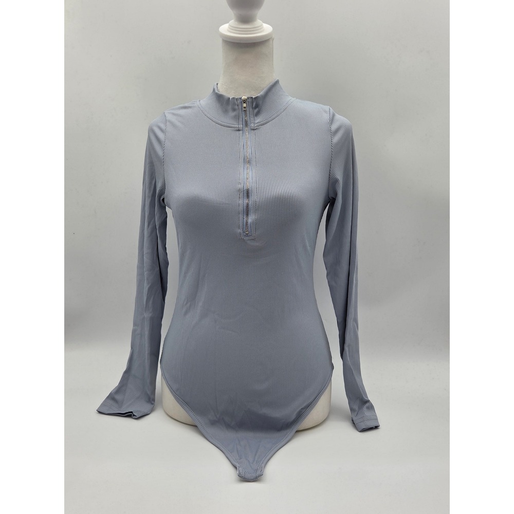 Women's Medium Gray Ribbed Long Sleeve Quarter Zip Bodysuit 101-523